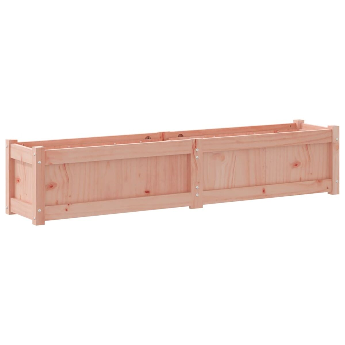 Ein langer, rechteckiger Holzpflanzer, unfertig, mit sichtbarer Tischlerei.
