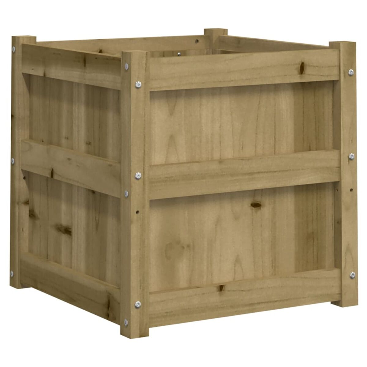 Quadratischer Pflanzkasten aus Holz. Die Box ist hellbraun und leer. Sie hat horizontale Bretter und Eckpfosten.