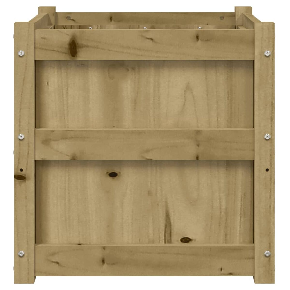 Eine Holzkasten, Draufsicht, mit Holzbrettern und Metallschrauben.
