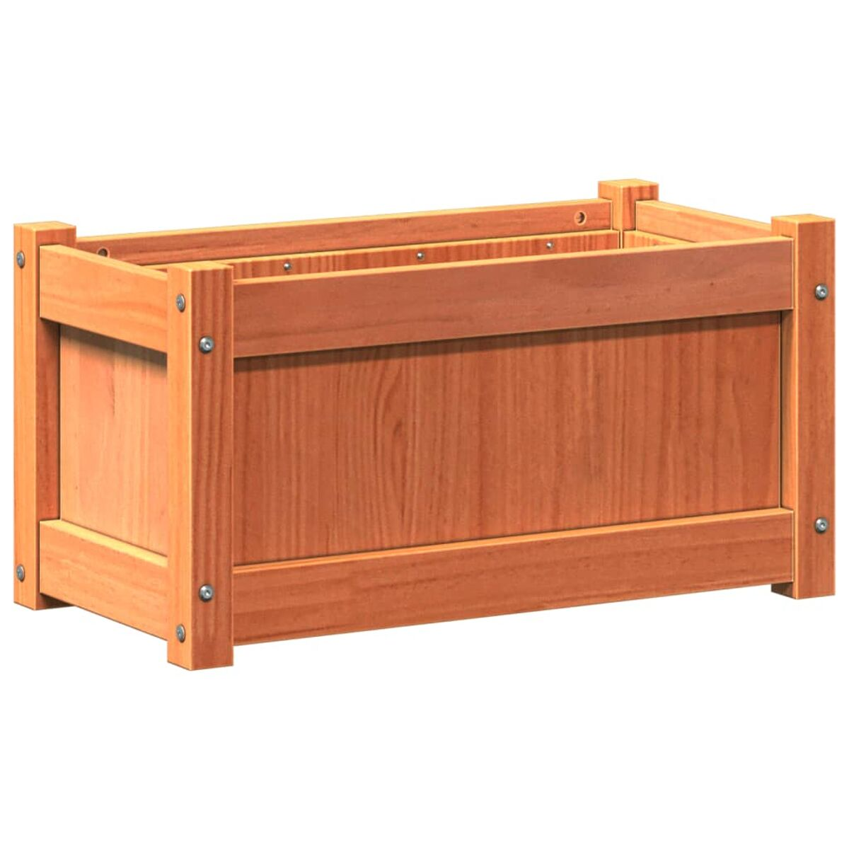 Holz-Aufbewahrungsbox mit Lattenseiten und massivem Boden, auf weißem Hintergrund.