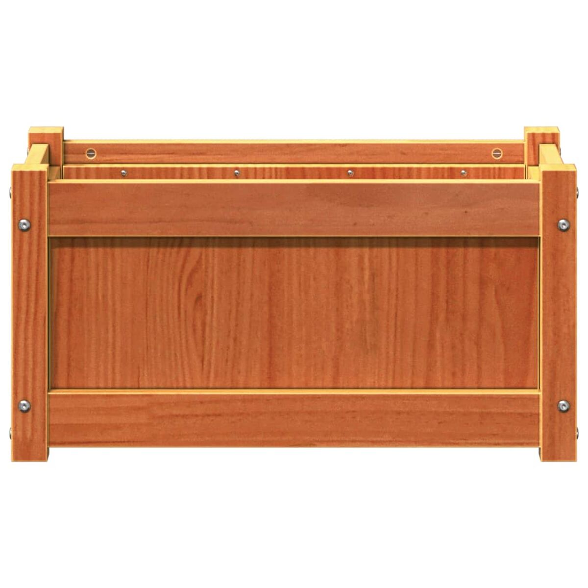 Ein Holzpflanzer mit rechteckiger Form, brauner Farbe und sichtbaren Schrauben an den Seiten.