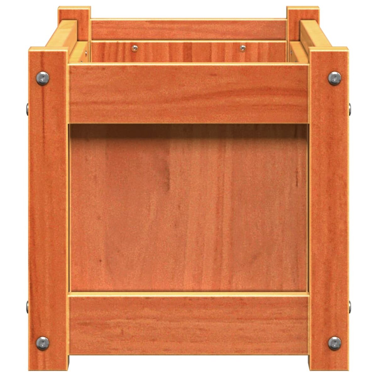 Eine quadratische Pflanzkasten aus Holz, von oben betrachtet. Er hat sichtbare Schrauben und eine natürliche Holzoberfläche.