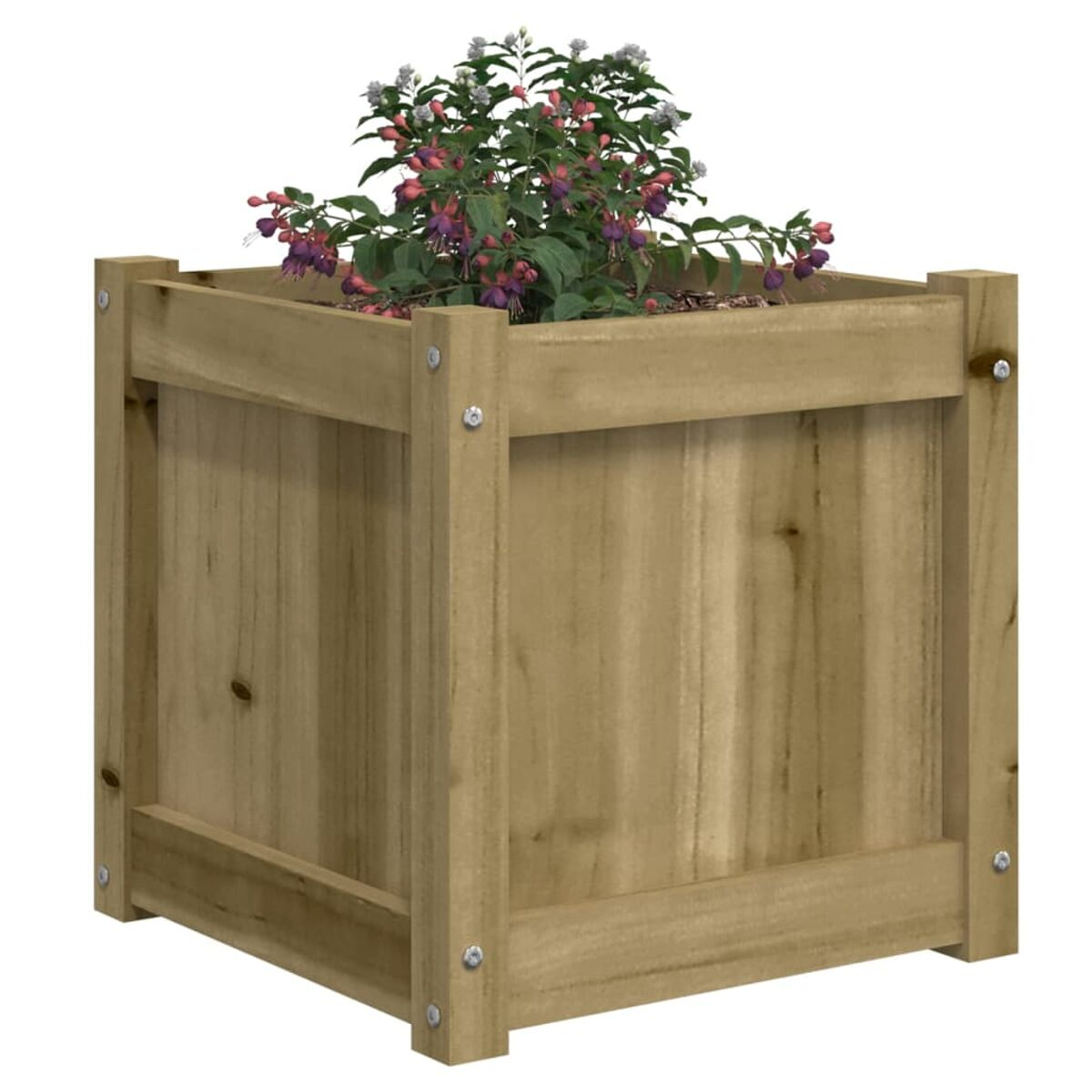Quadratischer Holz-Pflanzkasten mit Pflanzen und Blumen, mit weißem Hintergrund.