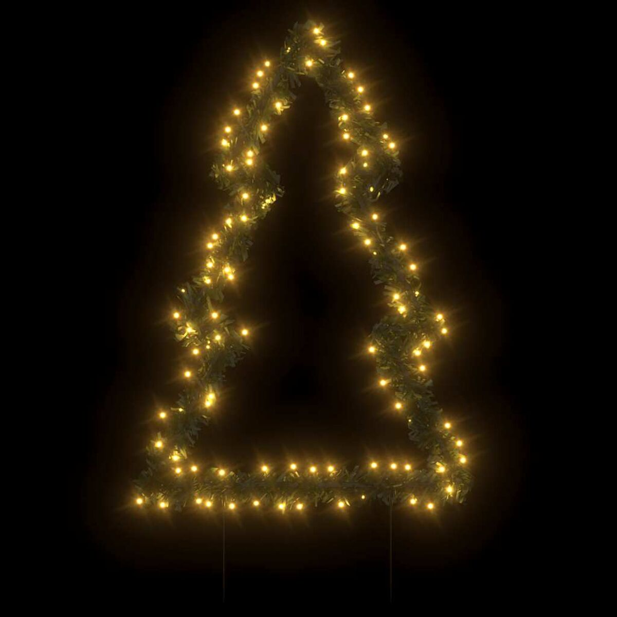 Eine weihnachtsbaumförmige Lichtanzeige vor schwarzem Hintergrund, mit einer Baumkontur.