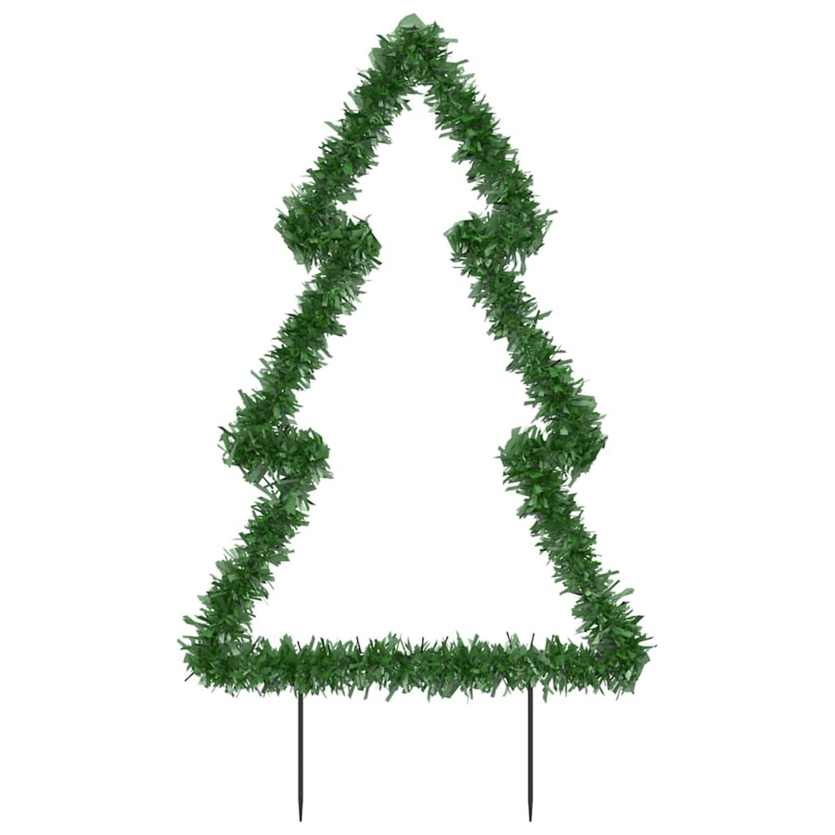 Eine grüne Weihnachtsbaumdekoration mit Drahtrahmen und dunklen Pfählen.