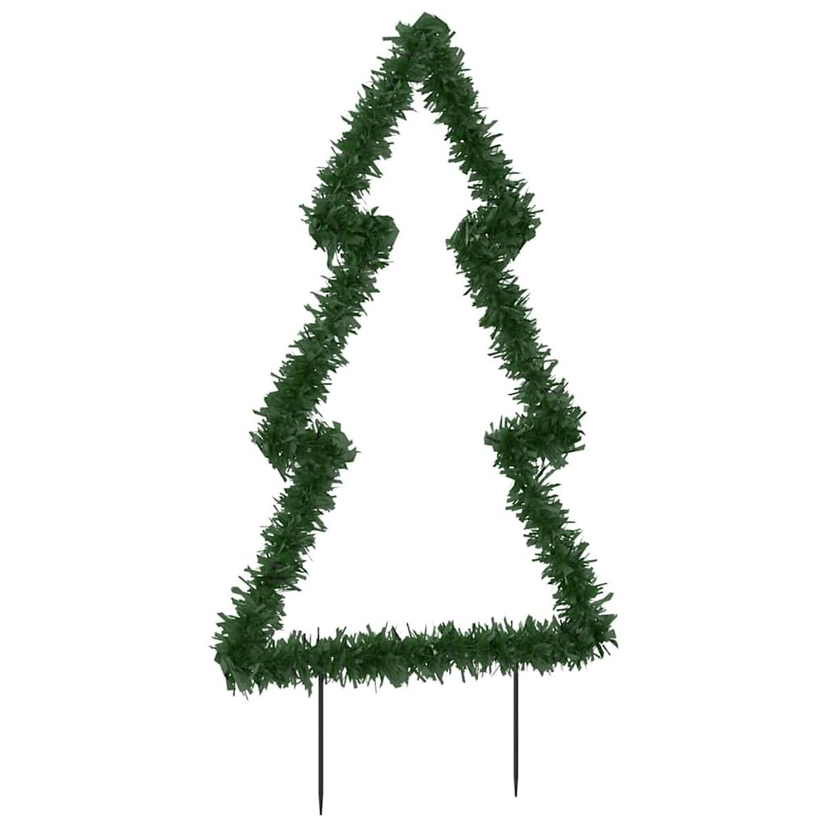 Ein Weihnachtsbaum-Umriss aus grünem Material, stehend auf zwei Pfählen, auf weißem Hintergrund.