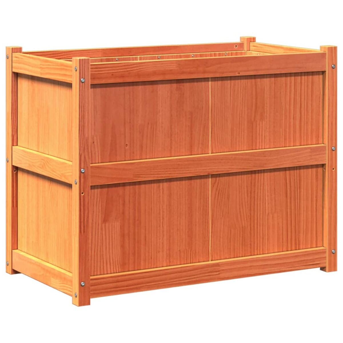 Rechteckige Holzkiste mit sichtbarer Maserung. Einfaches Design, rotbraun.