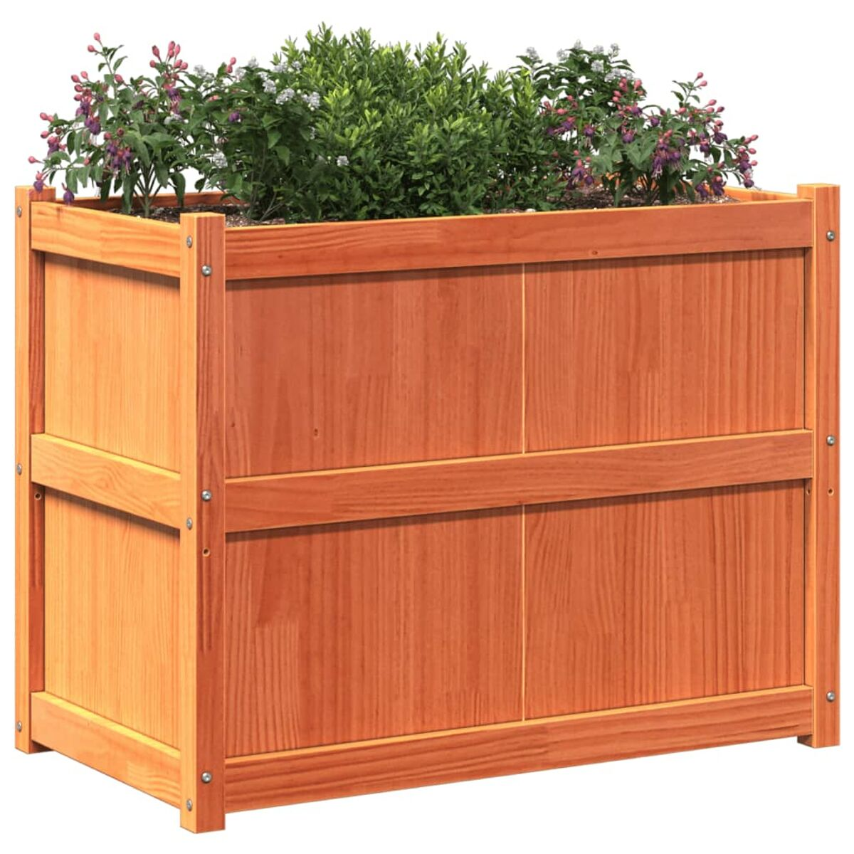 Ein rechteckiger Holzpflanzer mit Pflanzen gefüllt. Es hat eine rotbraune Farbe und Blumen.