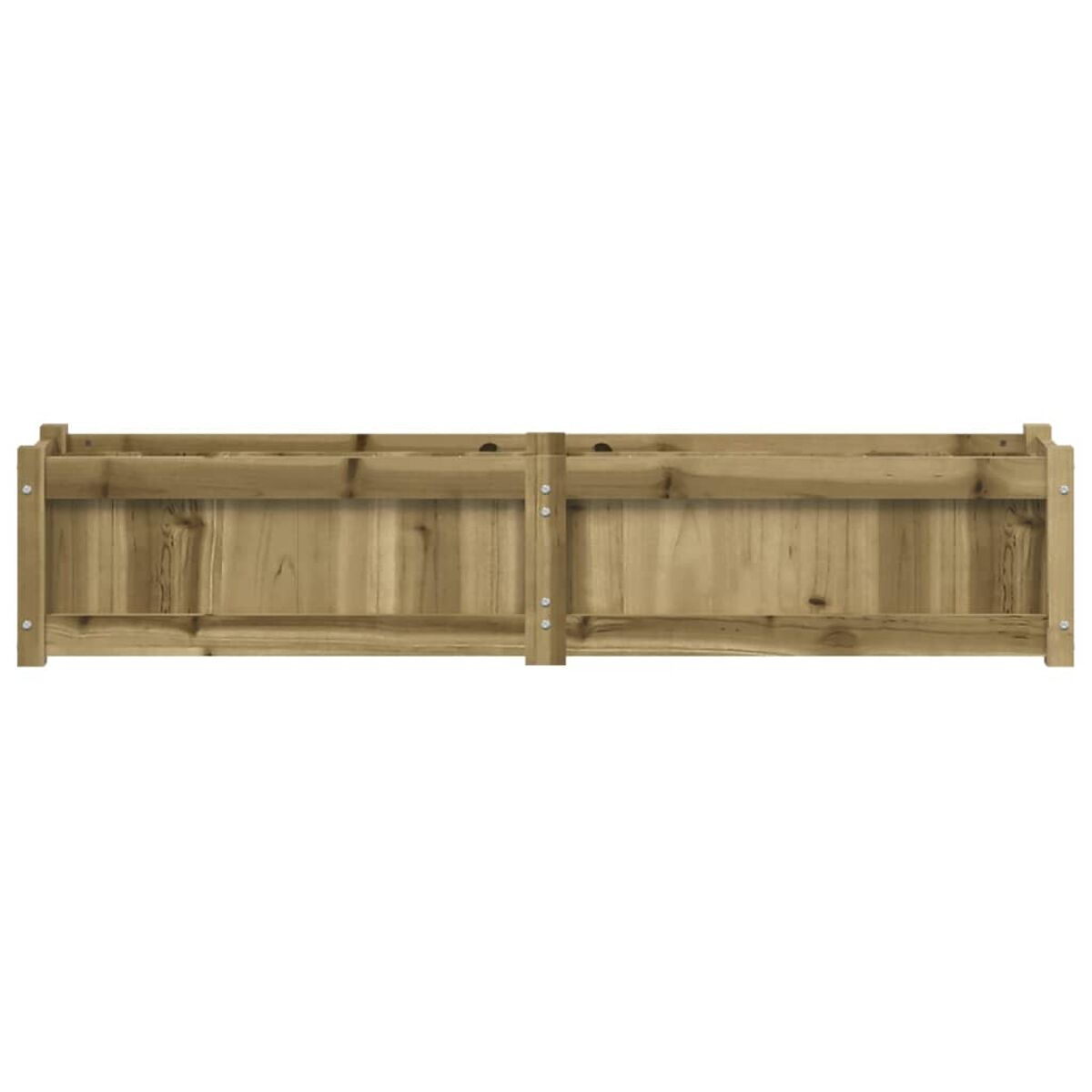 Ein langer Pflanzkasten aus Holz mit sichtbarer Holzmaserung, leer.
