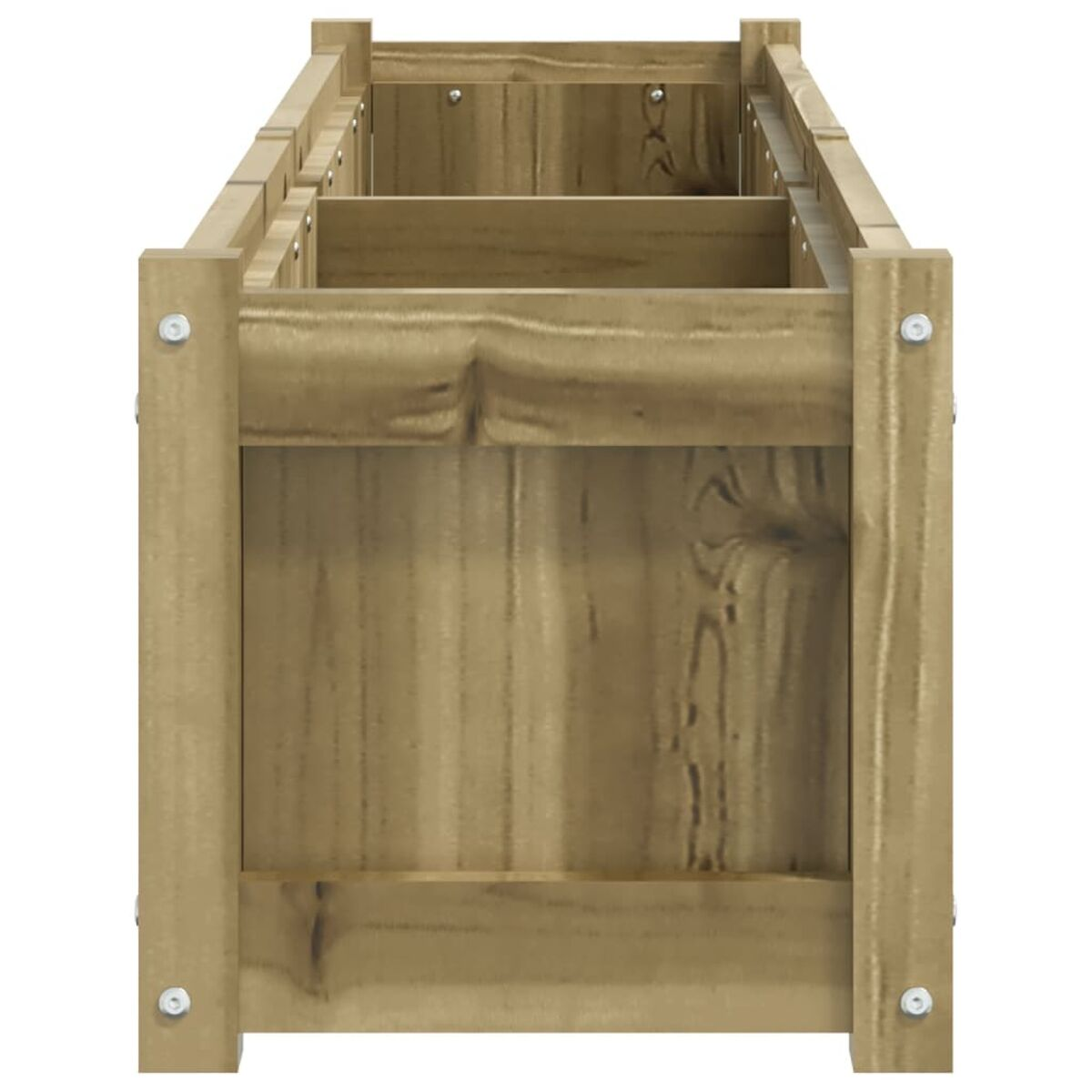 Eine Holzkasten, Seitenansicht, mit Holzbrettern und Metallschrauben.