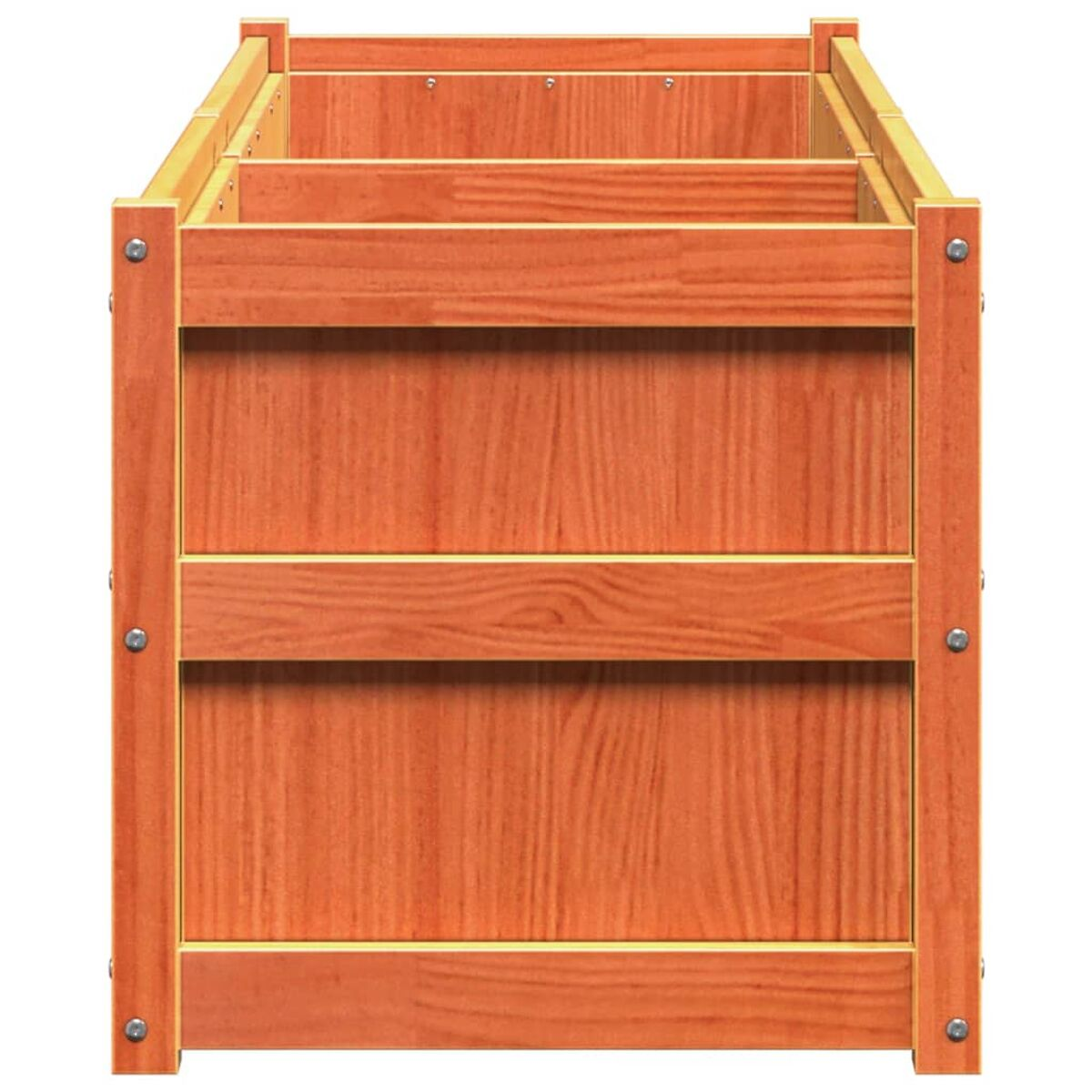 Pflanzkasten aus Holz. Das Holz hat eine warme, rötlich-braune Farbe.