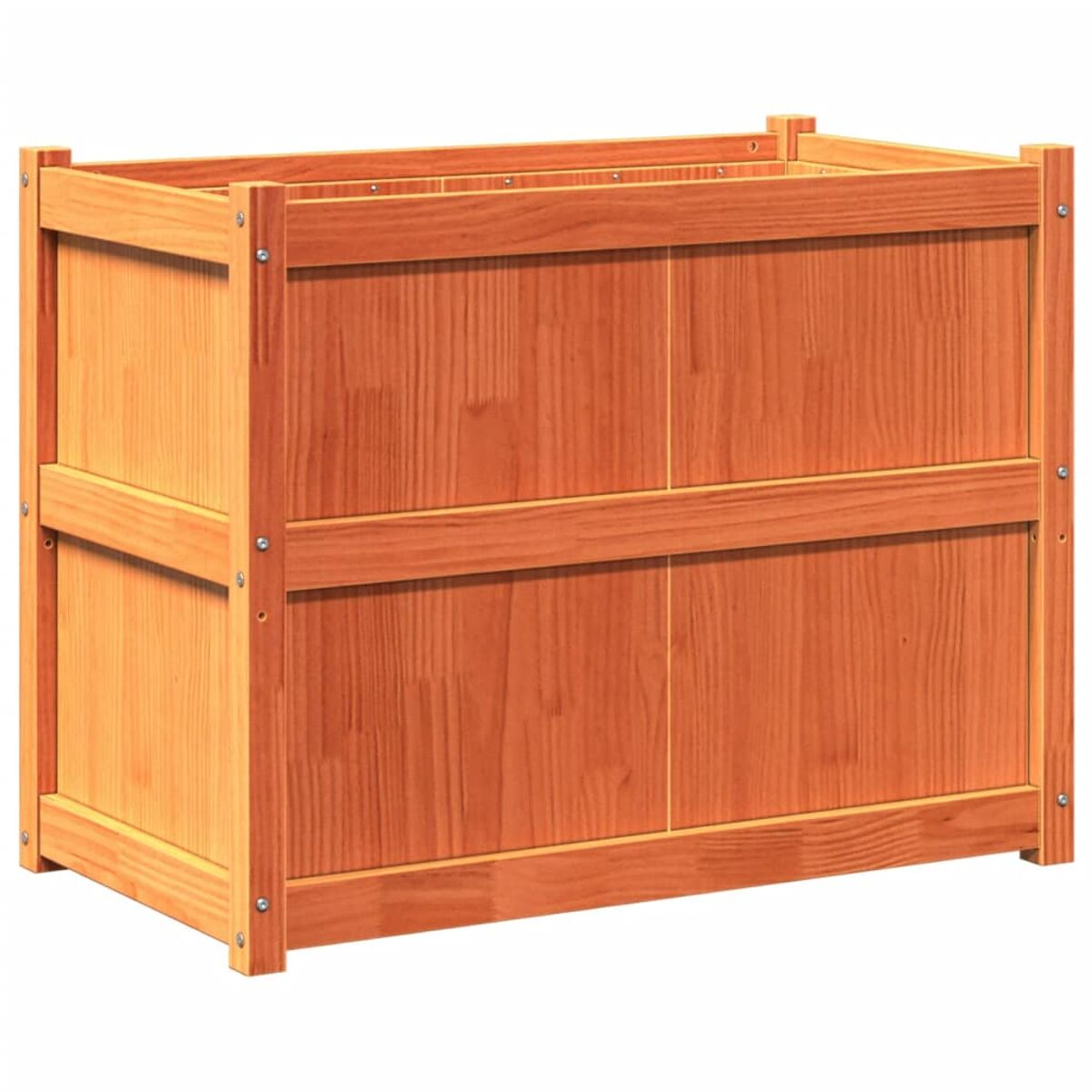 Holzschrank mit zwei Regalen. Der Schrank ist aus braunem Holz gefertigt.