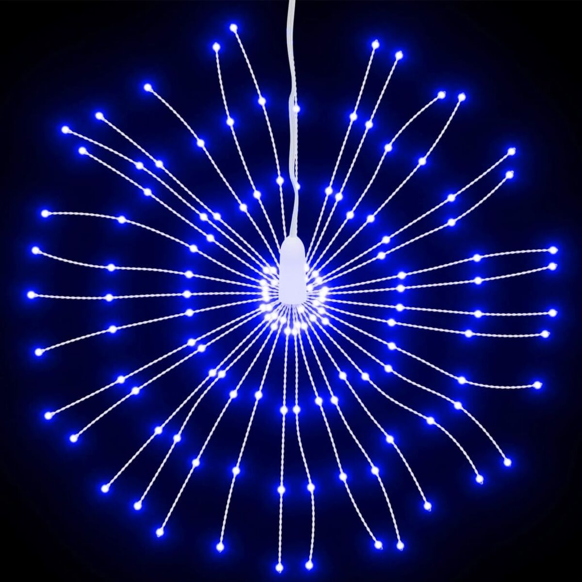 Blaue Starburst-LED-Leuchten vor schwarzem Hintergrund. Viele Lichtstränge.