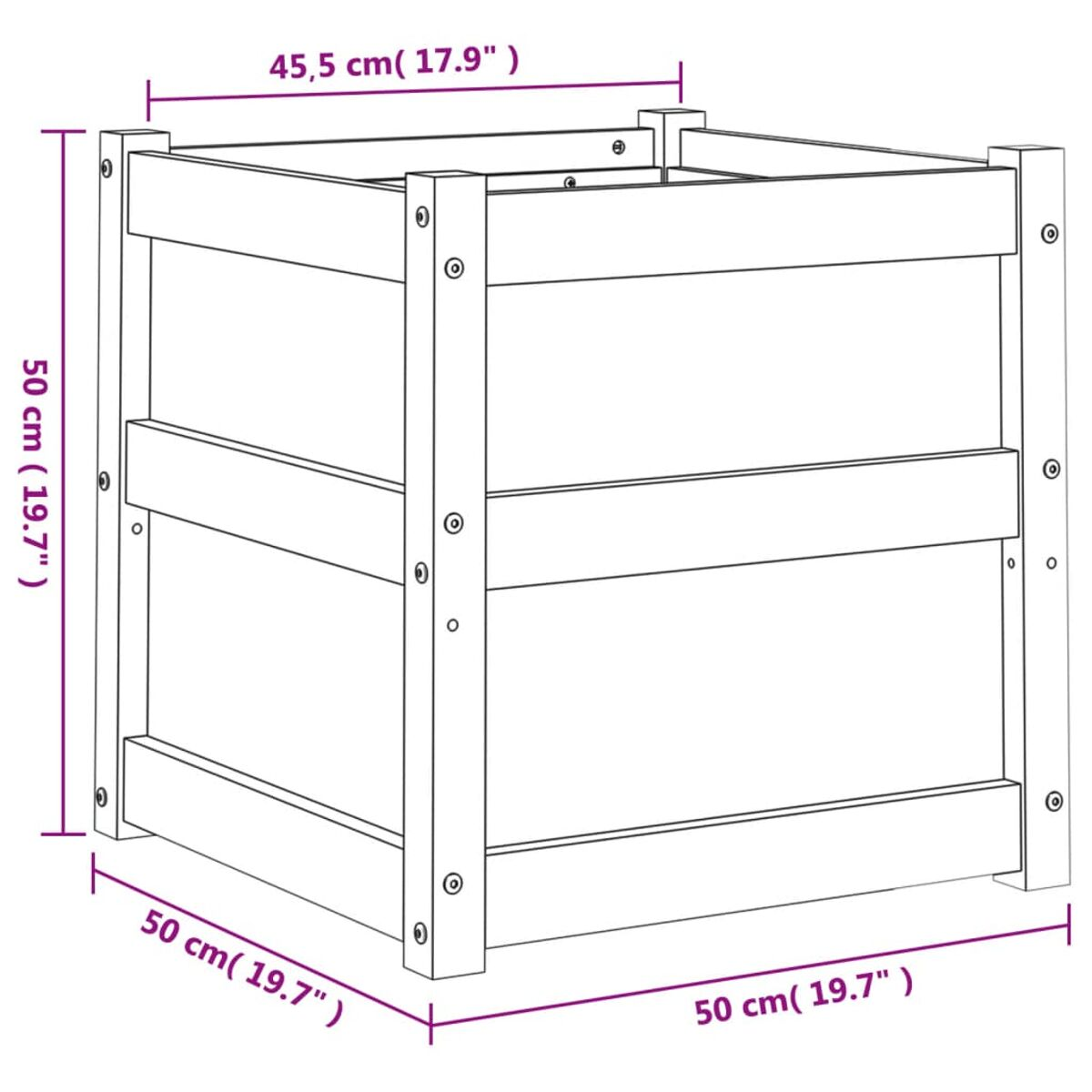 Ein Diagramm eines quadratischen Holzpflanzgefäßes, mit Abmessungen in cm und Zoll.
