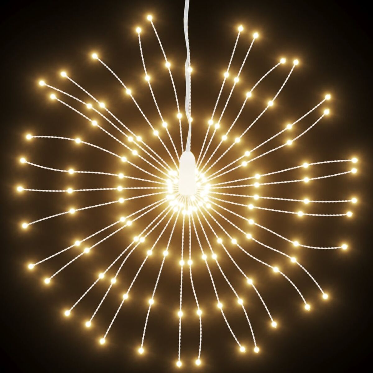 Eine kreisförmige Lichterkette mit vielen kleinen Lichtern, die nach außen strahlen. Der Hintergrund ist dunkel.