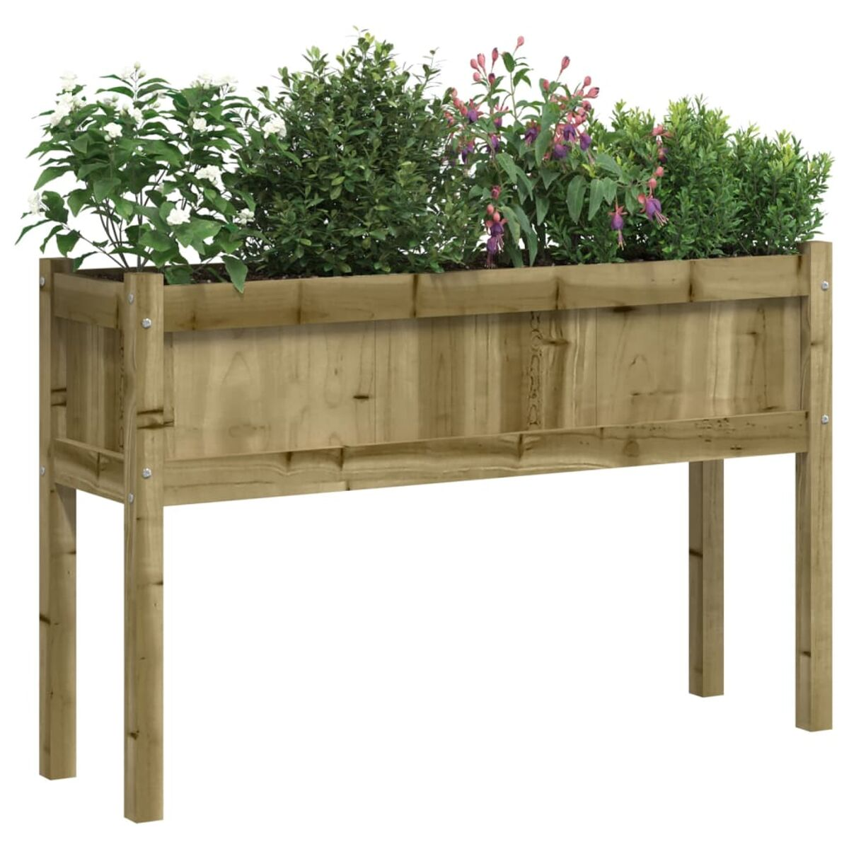 Holzpflanzkasten mit Pflanzen und Blumen. Er steht auf Beinen, erhöht.