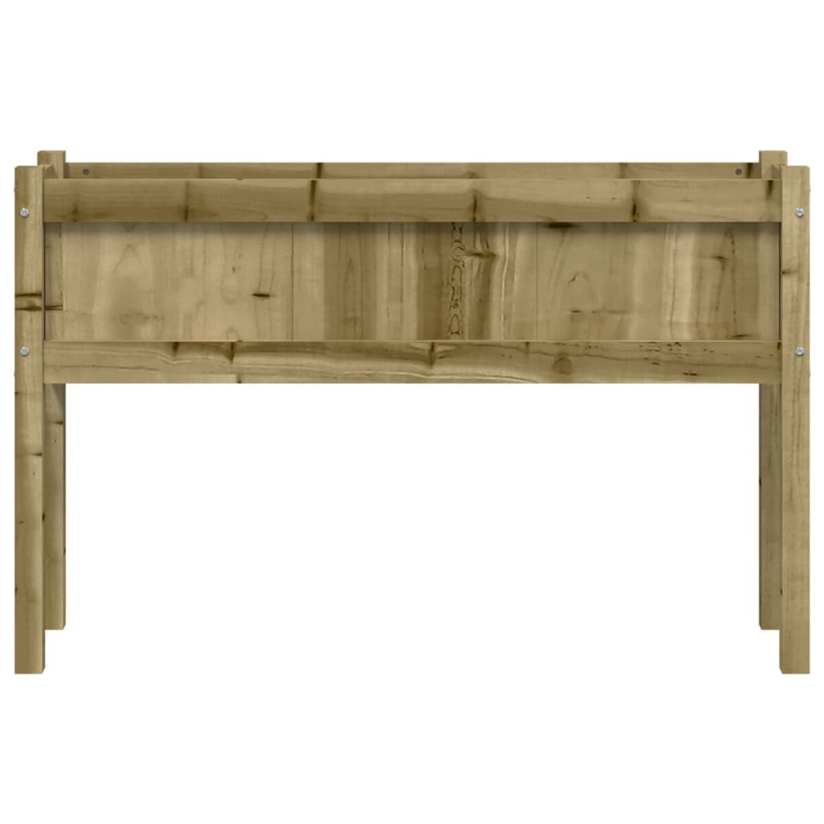 Erhöhtes Gartenbeet aus Holz. Es ist rechteckig, mit Beinen. Aus hellbraunem Holz.