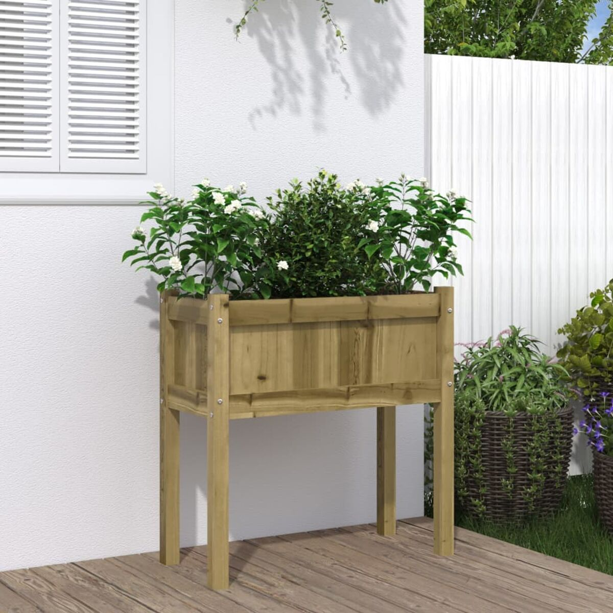 Erhöhtes Beet aus Holz mit Pflanzen. Grüne Pflanzen und weiße Blüten. Auf Holzterrasse.