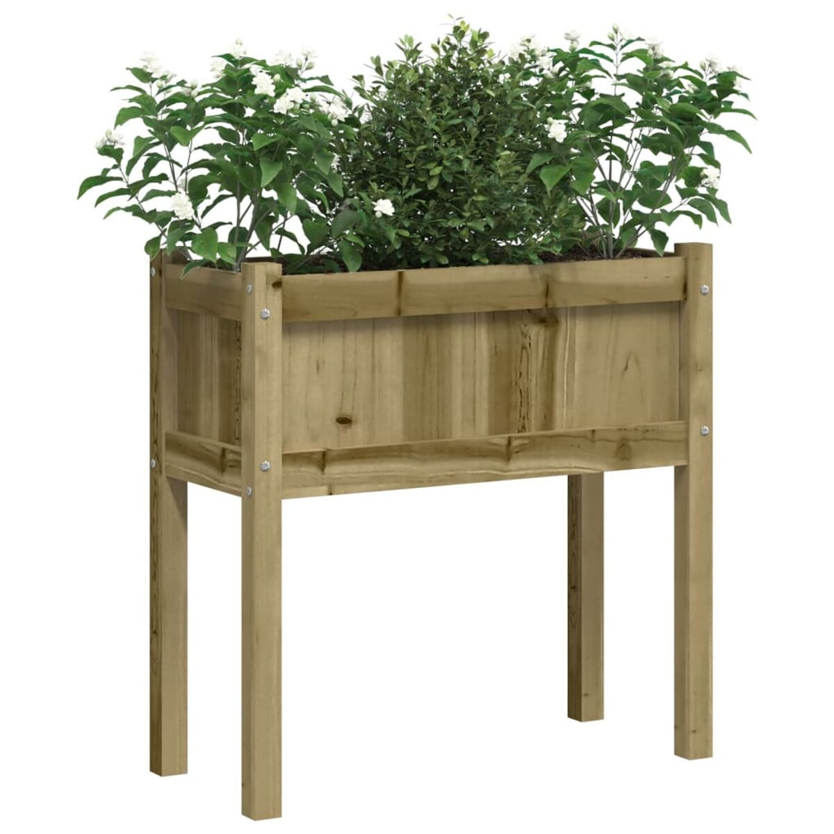 Holz-Pflanzkasten auf Beinen mit Pflanzen. Der Pflanzer ist hellbraun mit weißen Blüten.