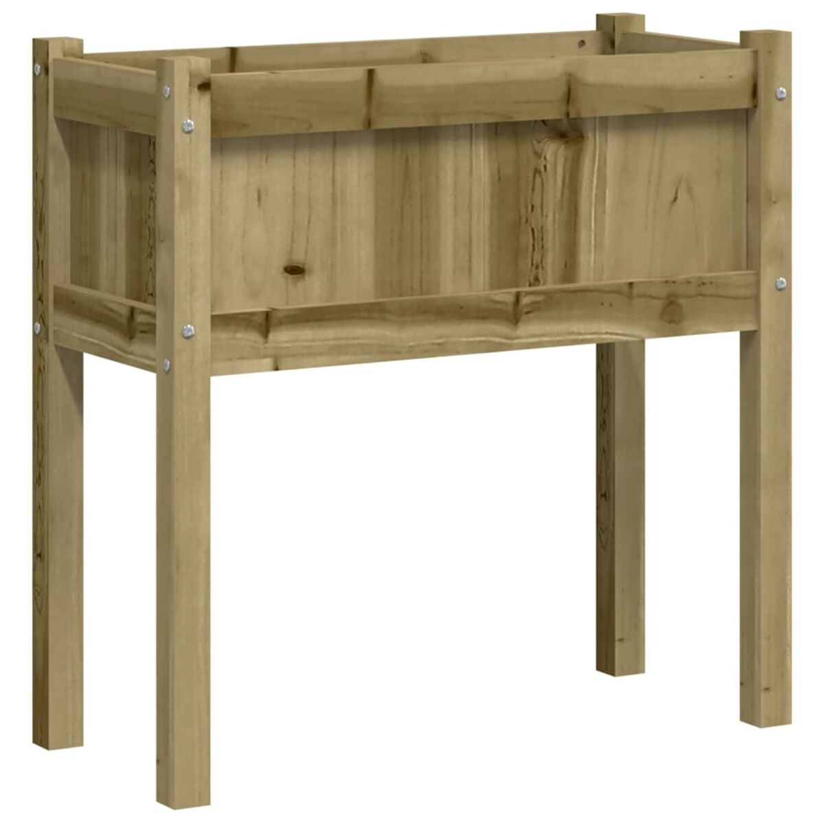 Holzpflanzkasten mit vier Beinen. Die Pflanze ist hellbraun.