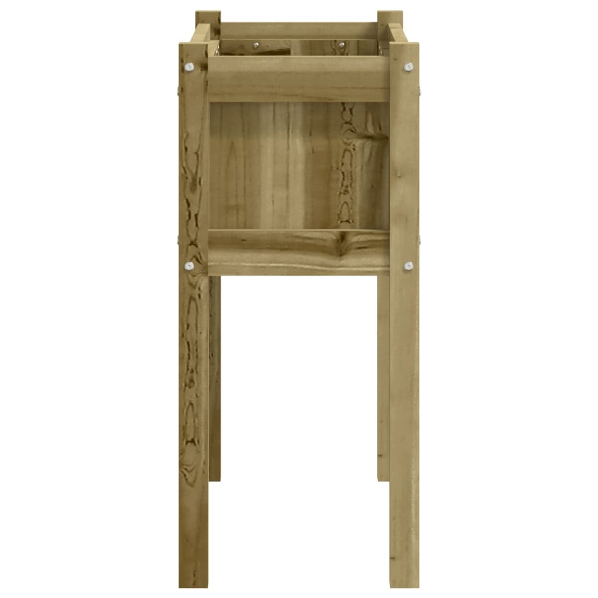 Pflanzständer aus Holz. Hellbraune Farbe, quadratische Form, vier Beine.