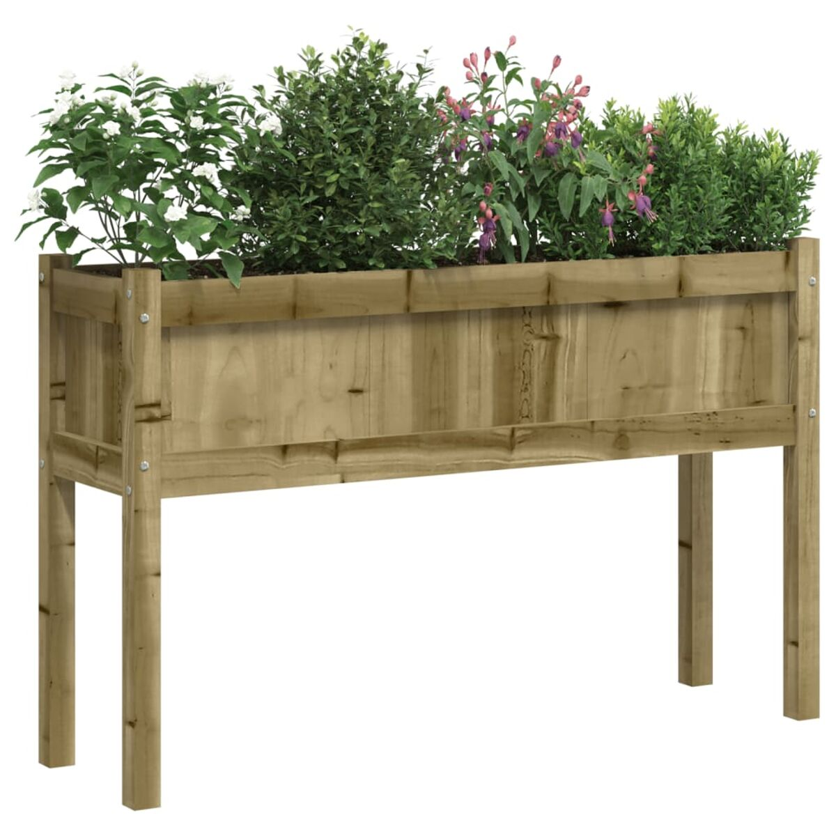 Holz-Pflanzkasten mit Pflanzen. Blumen und grünes Laub. Erhöhtes Design.