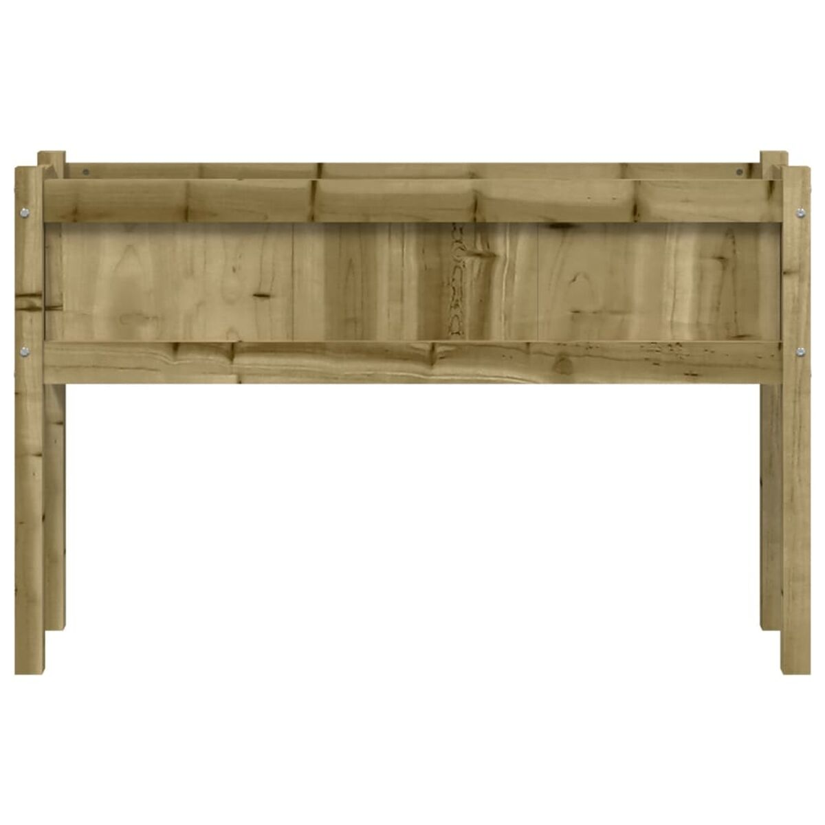 Ein hölzerner Pflanzkasten mit Beinen. Das Holz hat eine natürliche, hellbraune Farbe.
