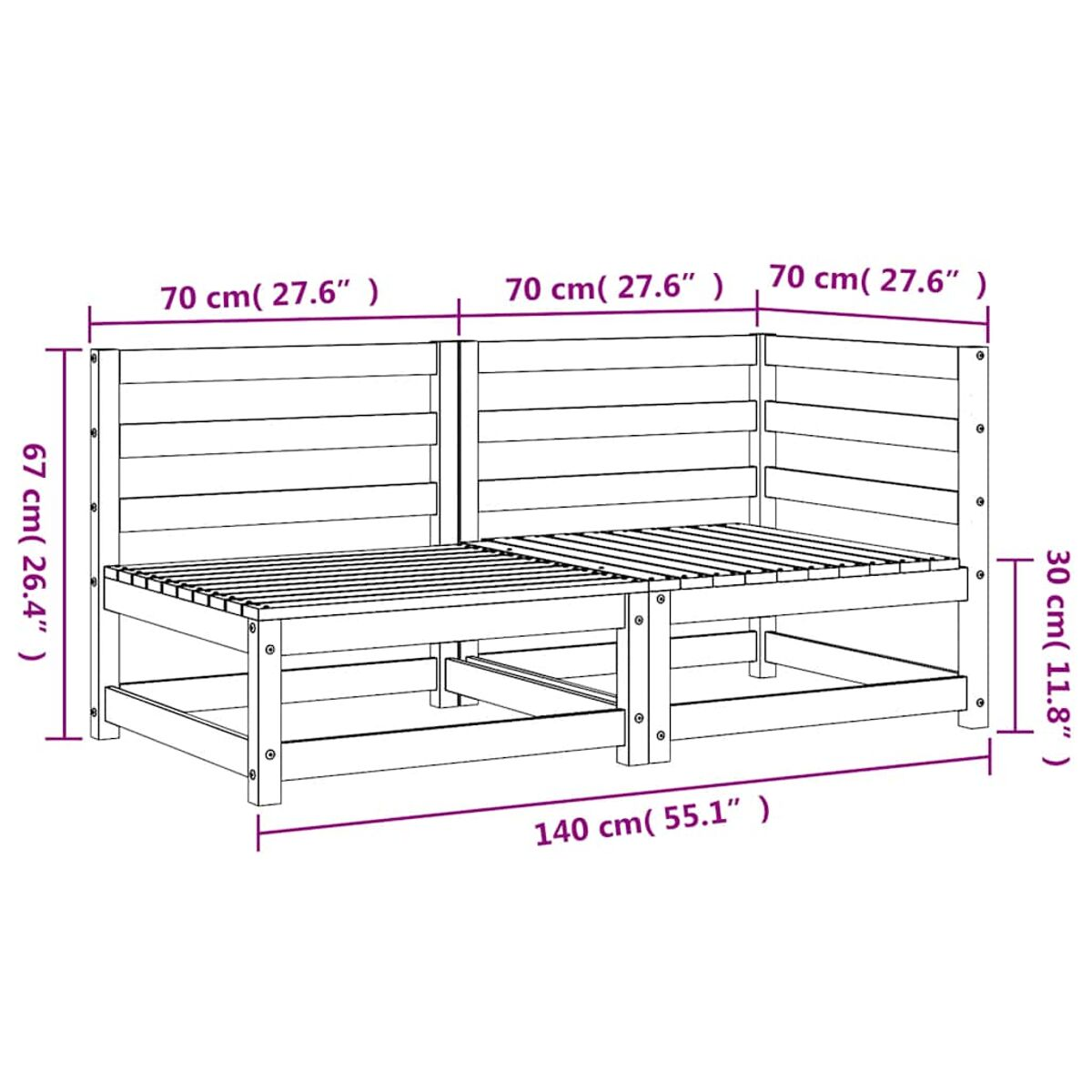 Outdoor-Sofa aus Holz mit Maßen. Braune Farbe, schlichtes Design, mit Abmessungen.