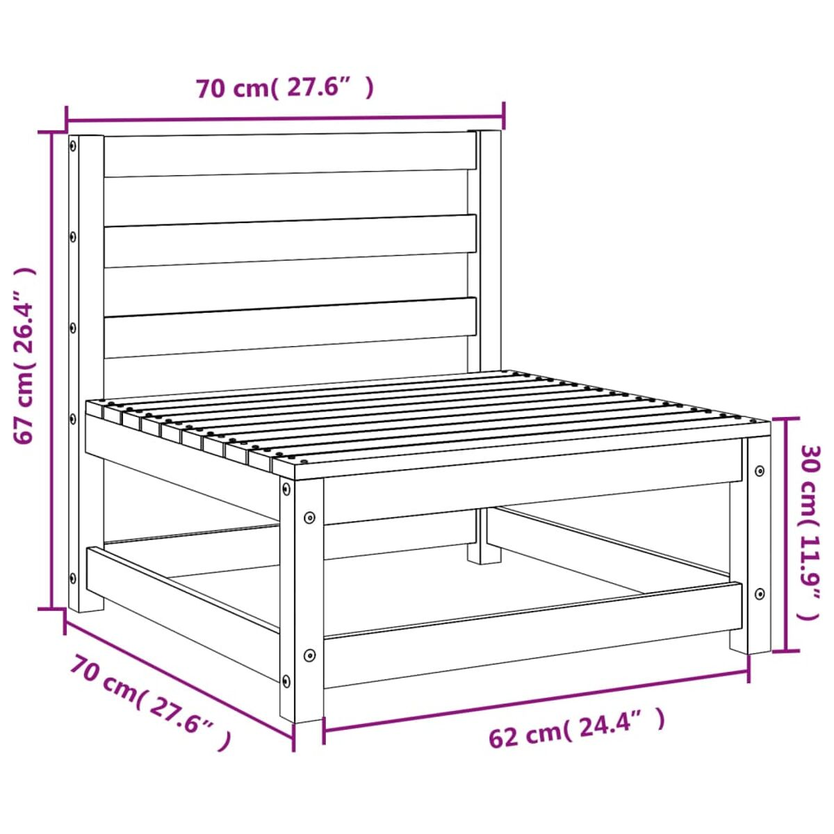 Diagramm eines Holzstuhls mit Maßen in cm und Zoll.