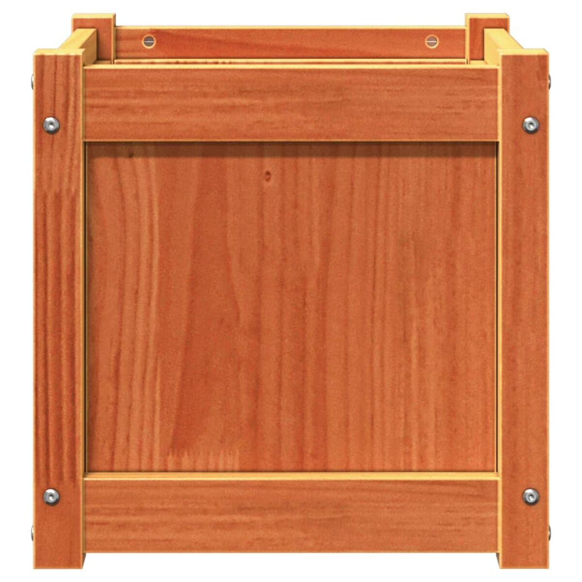 Ein Pflanzkasten im Holzstil mit quadratischer Form. Er besteht aus hellfarbigem Holz mit Metallschrauben.