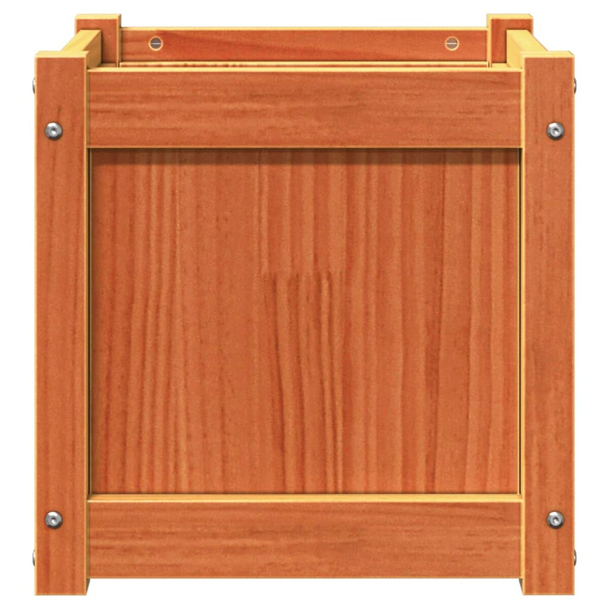Quadratischer Holzpflanzkasten mit natürlicher Holzmaserung. Er hat ein schlichtes, robustes Design.