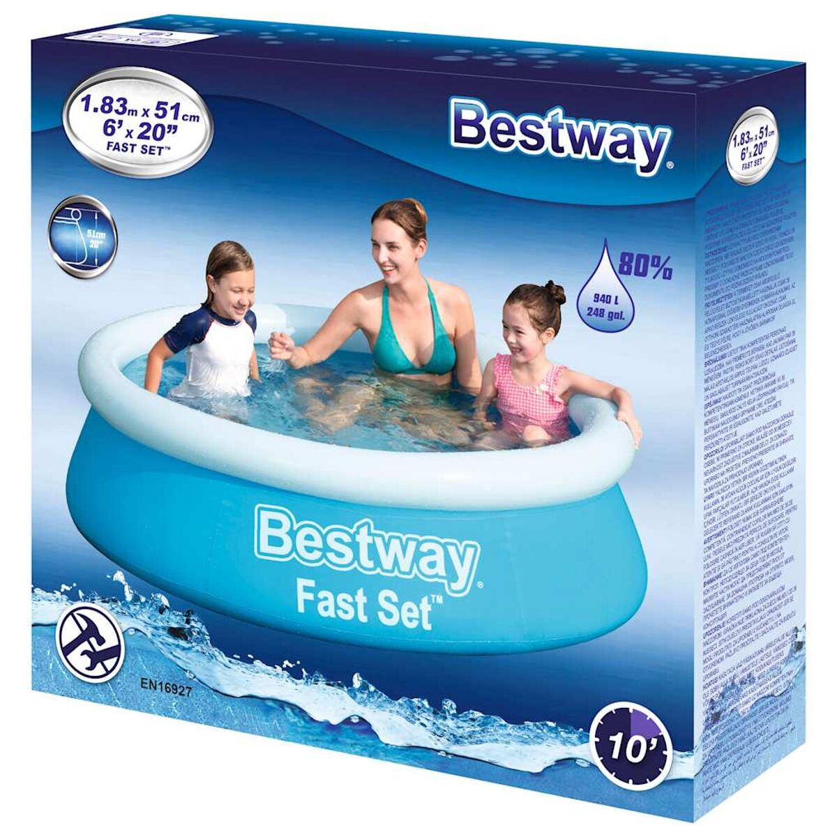Ein oberirdischer Swimmingpool mit drei Personen und einer Box mit Abmessungen.