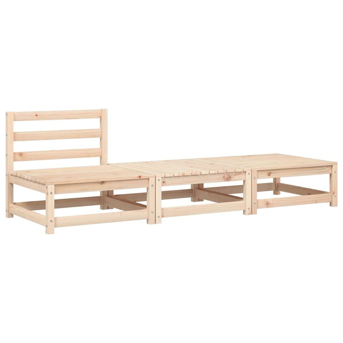 Holz-Gartenmöbel-Set. Es hat einen Sitz mit Rückenlehne und zwei verbundene Sitze ohne Rückenlehnen.