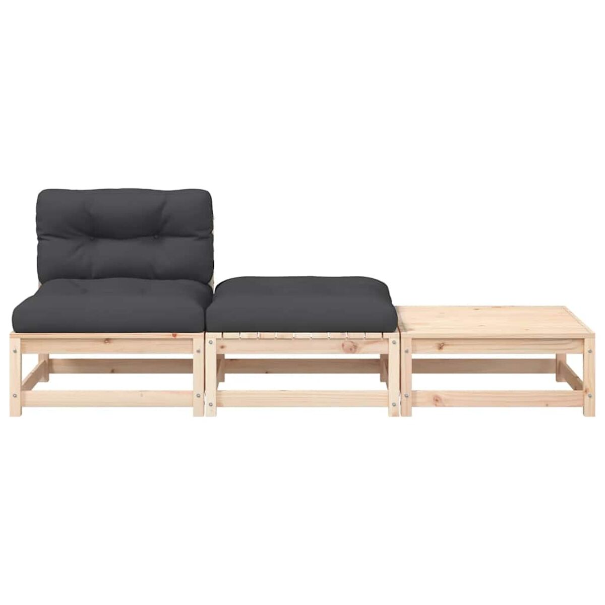 Ein grauer Futon-Stuhl, ein Hocker und ein Tisch aus Holz.