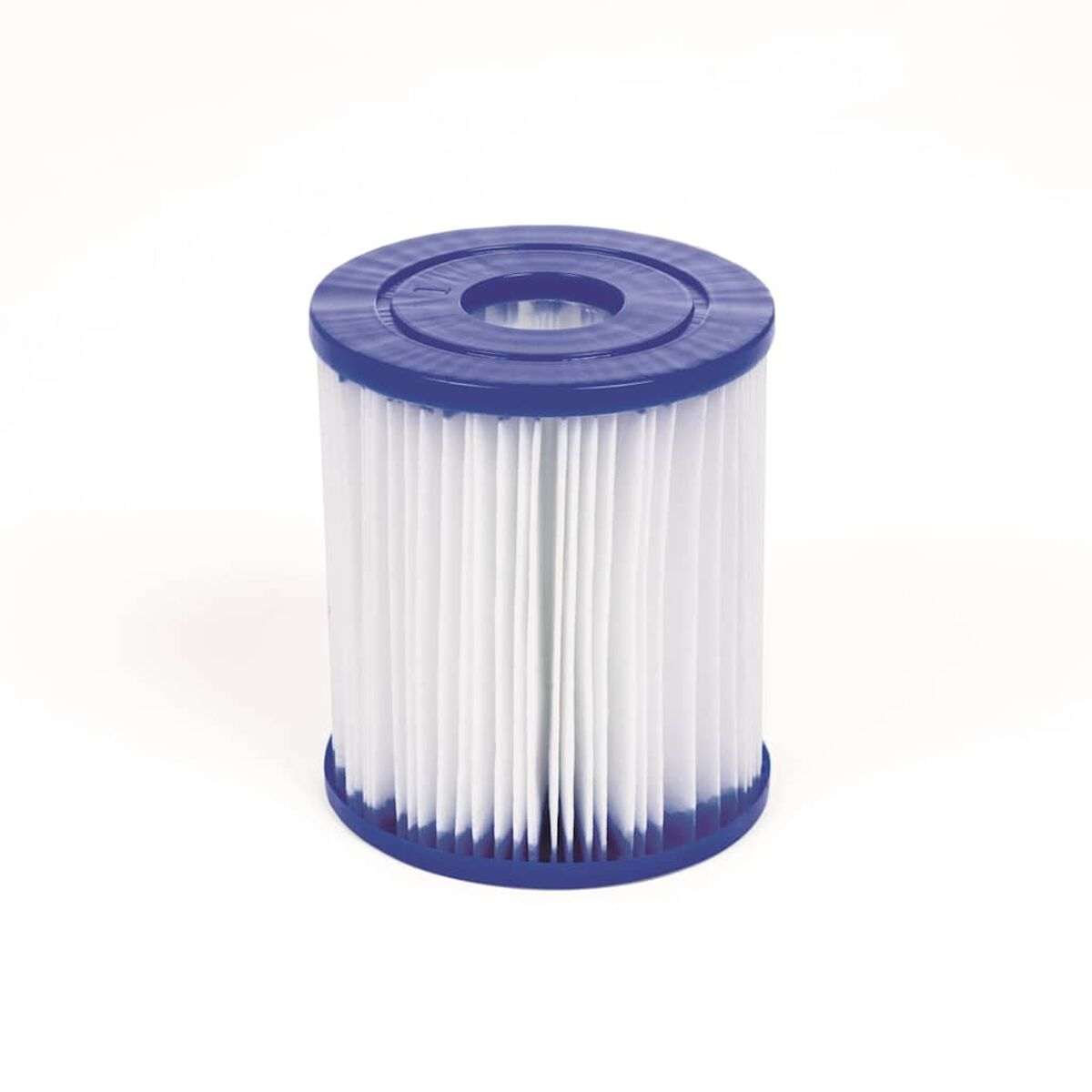 Ein zylindrischer Poolfilter mit weißem, plissiertem Filterpapier und blauem Kunststoff oben und unten.