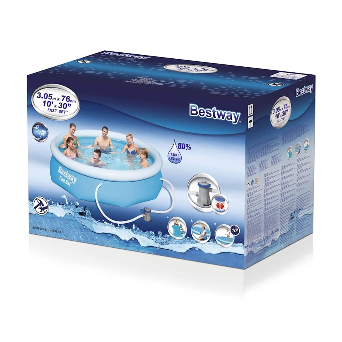 Eine Bestway-Poolbox, die einen aufblasbaren Pool mit Personen zeigt. Sie zeigt Poolabmessungen und -funktionen.
