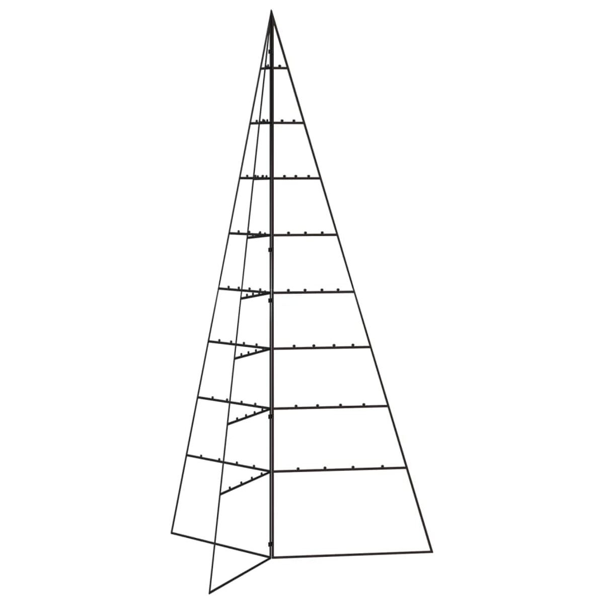 Schwarzer Weihnachtsbaumrahmen aus Metall. Dreieckige Form mit horizontalen Stangen.