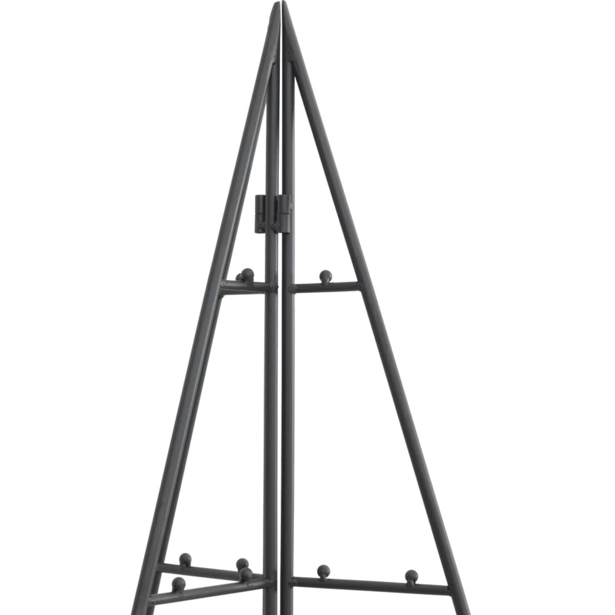 Ein schwarzer Metall-Ausstellungsständer mit dreieckiger Form.