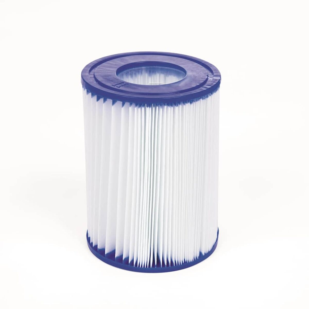 Zylindrischer Filter mit weißem, plissiertem Innenraum und blauen Ober- und Unterkanten, vor weißem Hintergrund.