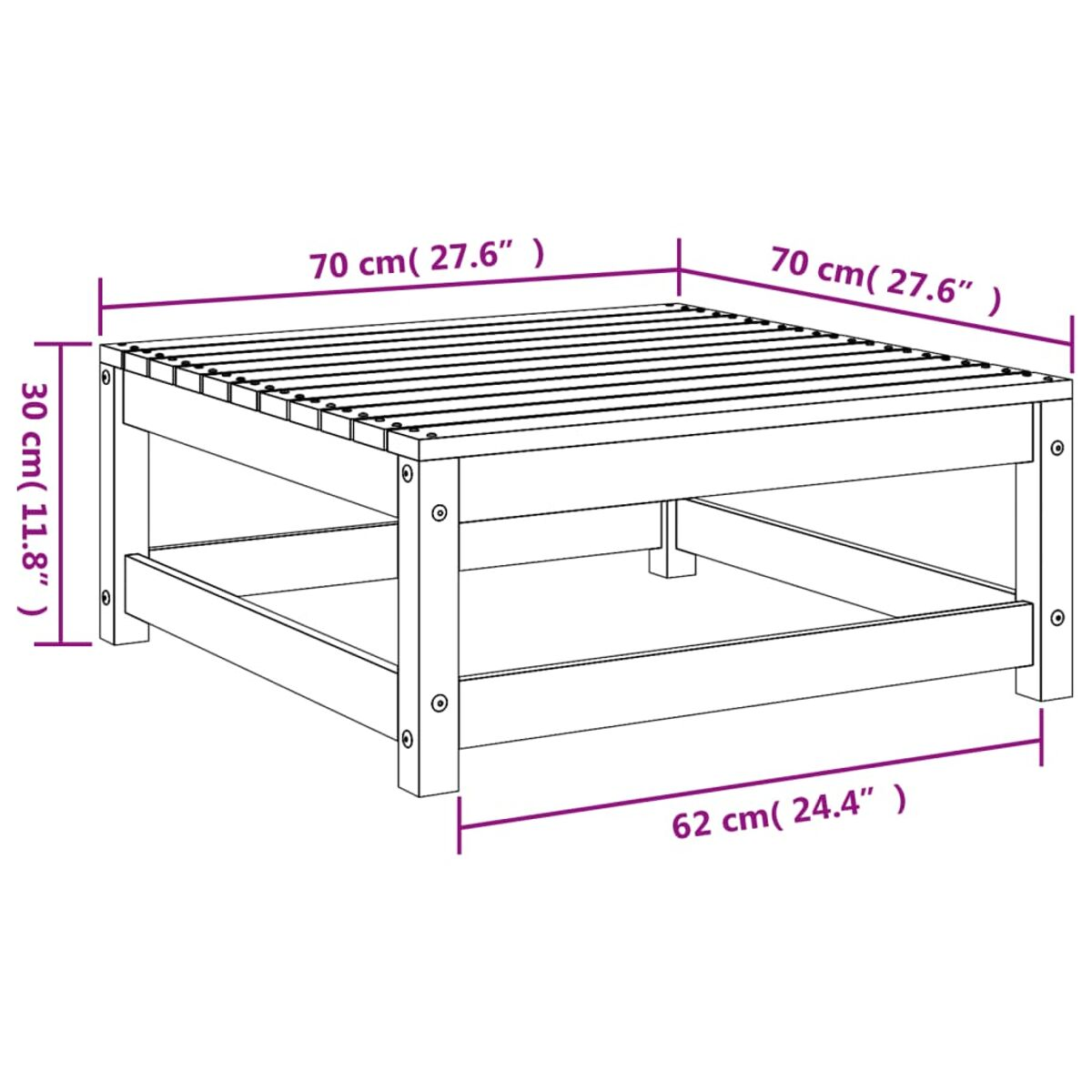 Quadratischer Holztisch mit Abmessungen. Ober- und Seitenansicht mit Messungen.