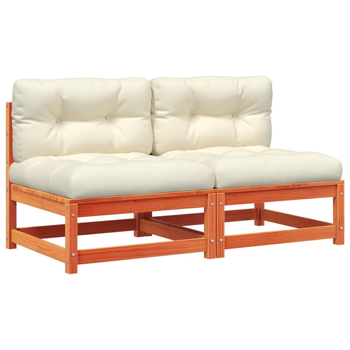 Ein hölzernes Zweisitzer-Sofa auf weißem Grund.
