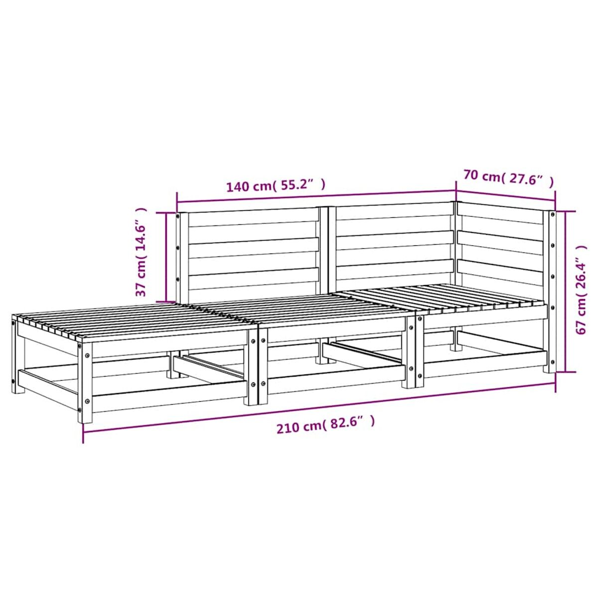 Holzsofa mit beschrifteten Abmessungen.