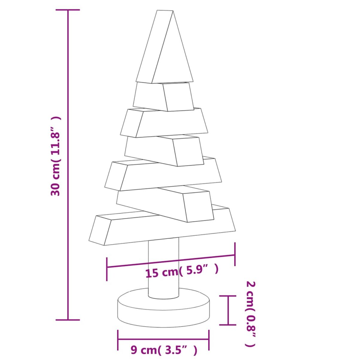 Weihnachtsbaumdekoration aus Holz mit Maßen, hergestellt aus gestapelten rechteckigen Blöcken.