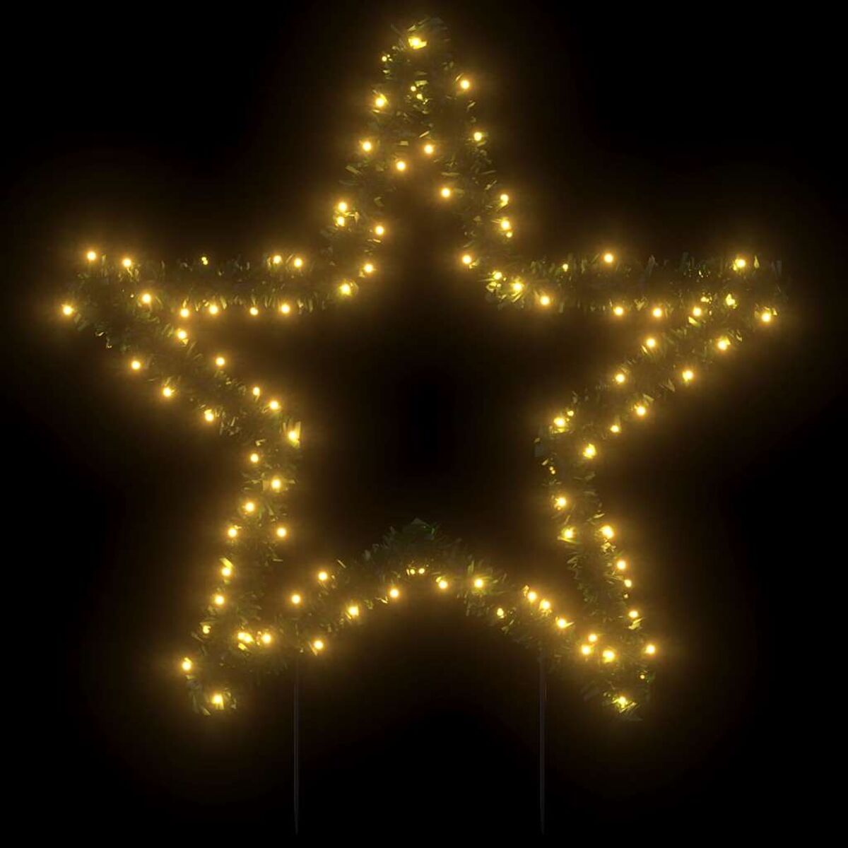 Eine sternförmige Weihnachtslichtdekoration mit gelben Lichtern auf schwarzem Hintergrund.