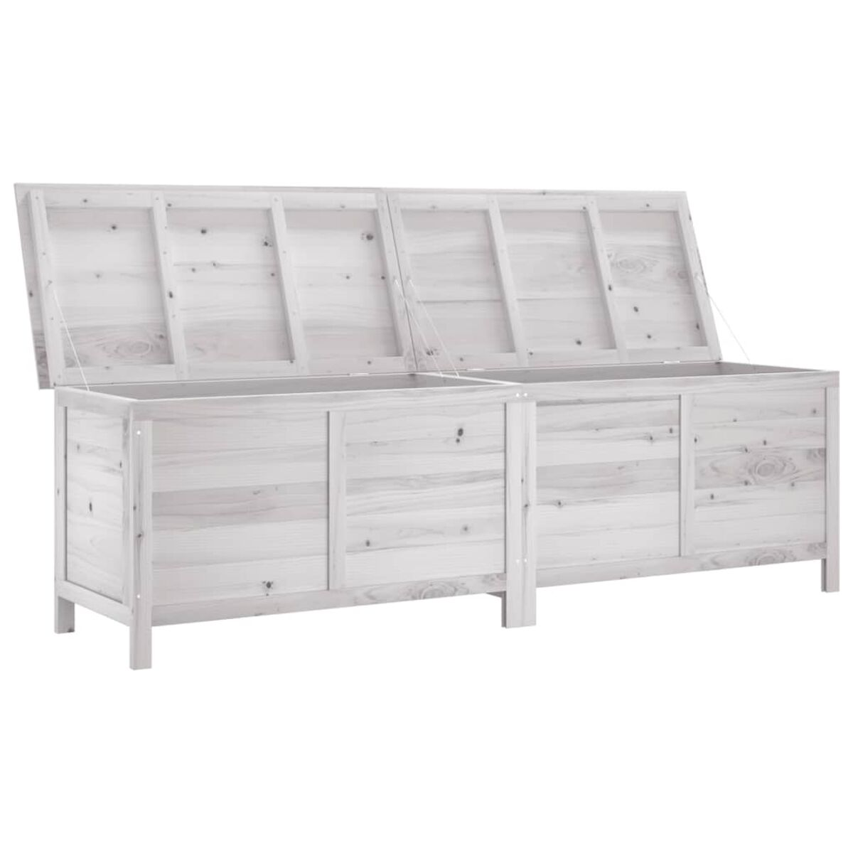 Weiße Holz-Truhe mit zwei geöffneten Deckeln. Rechteckig, auf weißem Boden.