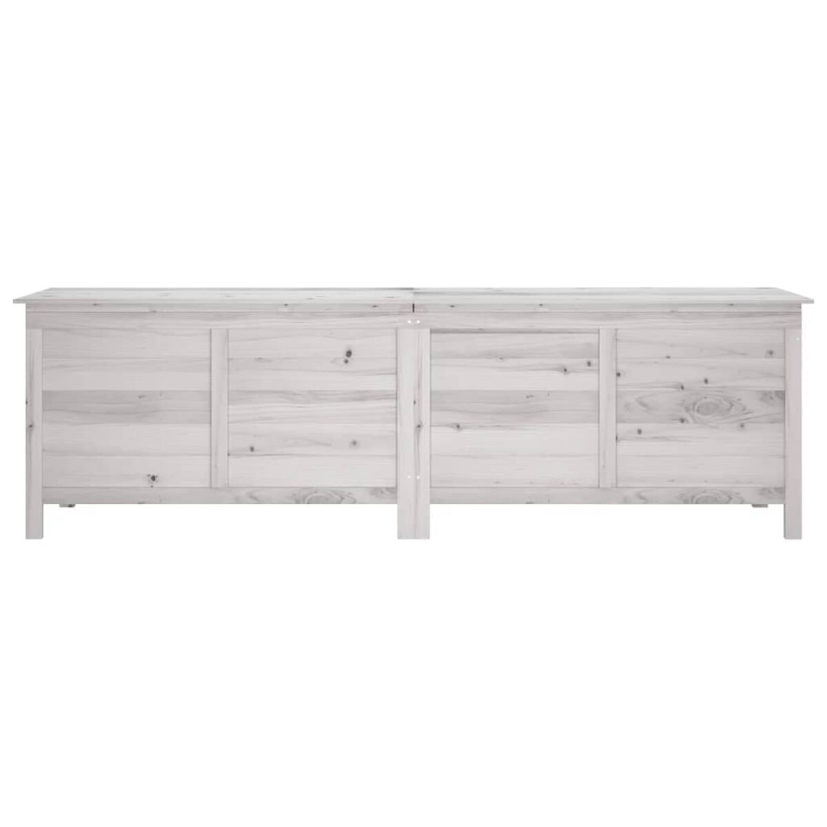 Langer weißer Schrank mit vier Türen. Holzmaserung sichtbar. Weißer Hintergrund.