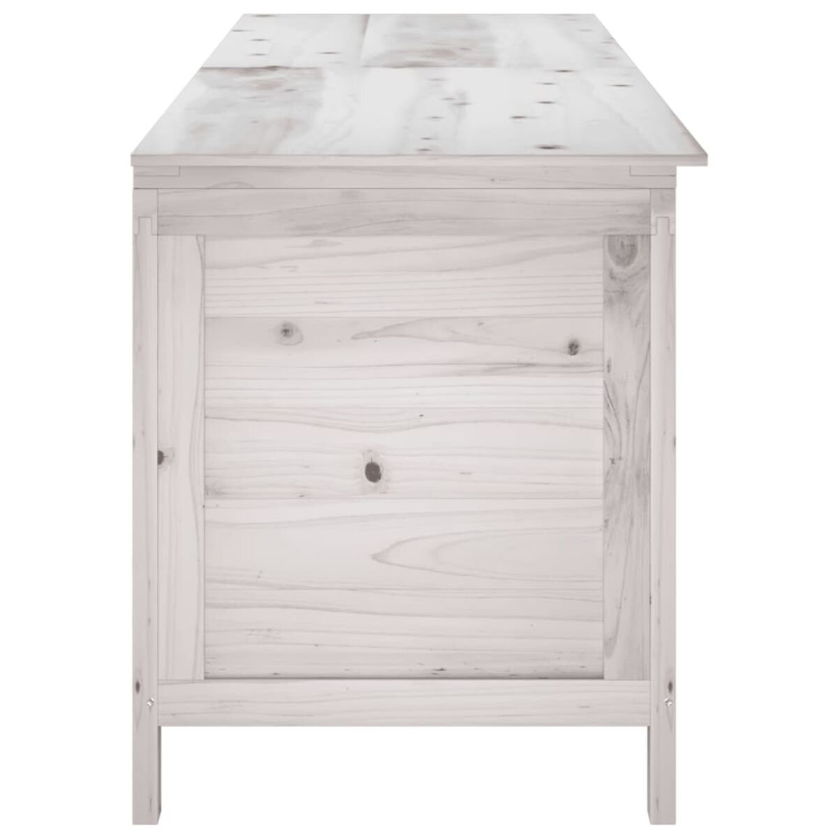 Ein weißer Holzschrank mit sichtbarer Holzmaserung, von vorne betrachtet.