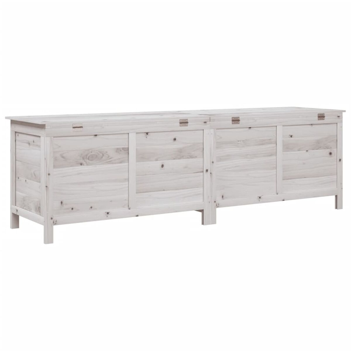 Zwei weiße Holz-Stauraumtruhen mit Deckeln, nebeneinander.