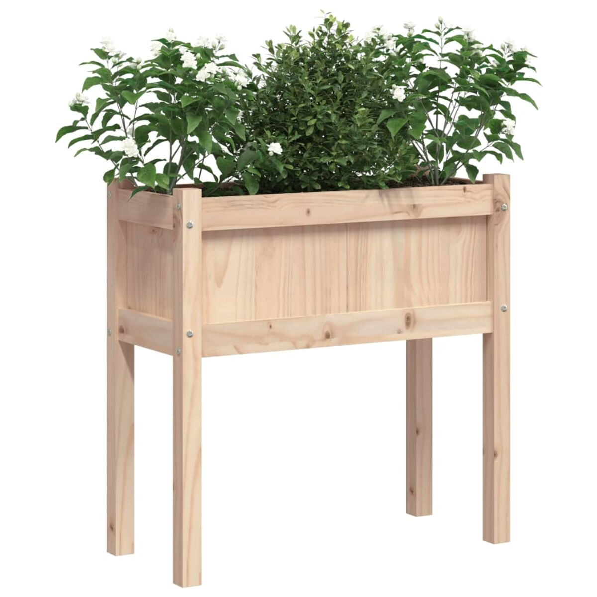 Holz-Pflanzkasten auf Beinen, gefüllt mit Pflanzen. Die Box ist helles Holz mit sichtbaren Schrauben.