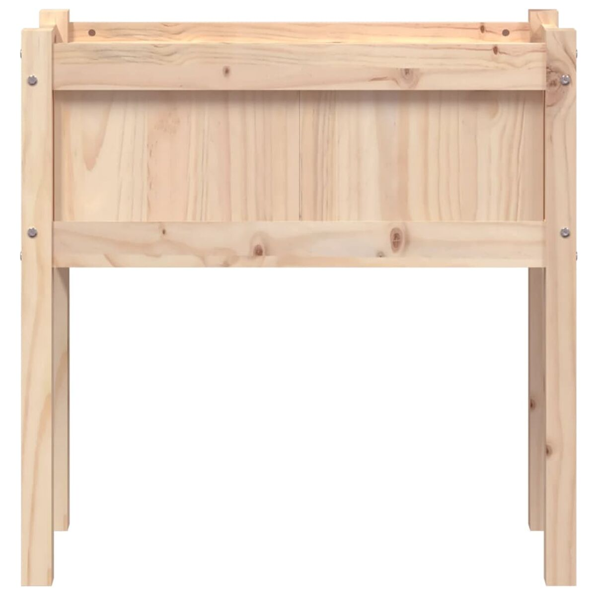 Pflanzkasten aus Holz. Rechteckige Form mit vier Beinen. Helle Holzfarbe.